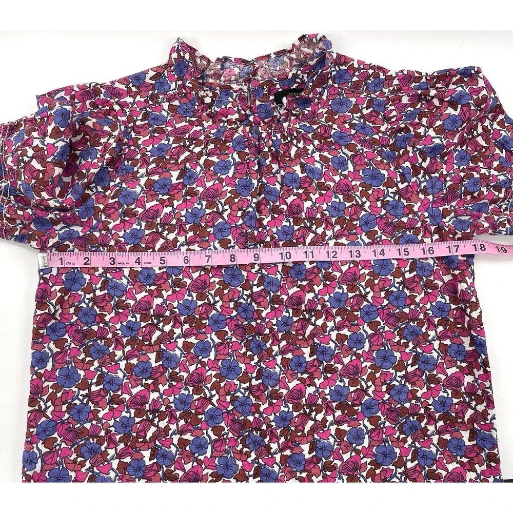 J.Crew 100% Linen Floral Smocked Sleeve Blouse XXS Pink Blue Ruffle Neck Cottage